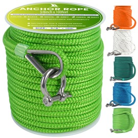 VEITHTI Grass Green Boat Anchor Rope 100 ft x 3/8 inch, Double Braided Anchor Line Boat Rope Marine Rope Braided Anchor Rope,Boat Anchor Rope with Thimble & Shackle, Boat Accessories