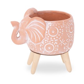 Napco Circles Elephant 7.25 Inch Tall Natural and White Ceramic Planter with Wood Legs