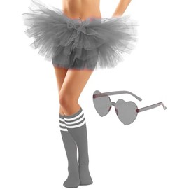 NSODREEM Adult Tutus for Women, 5 Layered Tulle Tutu Skirt Set with Heart Sunglasses and Knee High Socks Party Favors (Grey)