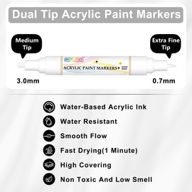 GPLMQ White Paint Pens - 4 Pack Dual Tip Acrylic Paint Markers (0.7mm & 3mm), Non-Toxic, Water Based White Markers for Art Painting, Stone, Ceramic, Glass, Wood, Fabric, Metal, DIY Crafts (White)
