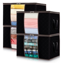 Lifewit 50L Clothes Storage Boxes, Storage Bags Moving Boxes Wardrobe Storage Organiser with Reinforced Handle Sturdy Fabric Clear Window for Clothing Bedding Sweater T-Shirt, 4 Pack, Black