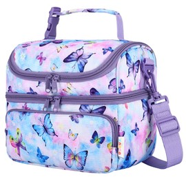 Kasgo Kids' Insulated School Lunch Bags, Large 7.5L 2-Compartment Girls Lunch Box with Adjustable Detachable Shoulder Strap, Clip-On Handle & Easy-Clean Lining, Purple Butterfly