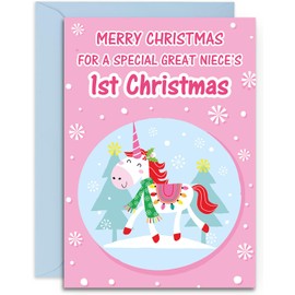 Great Niece 1st Unicorn Christmas Card - Medium Sized Card (A5 Size -148mm x 210mm) with Envelope