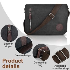 Focenat Men's Messenger Bag Shoulder Bag Laptop Bag 14 Inch Canvas and Genuine Leather Briefcase Student Bag Work Bag Men's Bag Gifts for Women Black, black