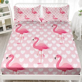 XYNHML Tropical Pink Flamingo Love Heart Pattern Fitted Sheet Set 3Pcs Kids Kawaii Quilt Bed Sheets Queen Cute Flamingo Bedding Set for Boys Teens Adult Includes 1 Fitted Sheet,2 Pillowcases