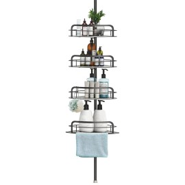 Rust-Resistant 4 Height Adjustable Bathroom Shelves Corner Shower Caddy with Tension Pole Towel Bar Hanging Hook Floor StandColor: Black Color