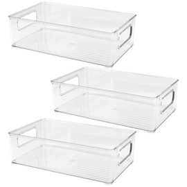 CHUENKUK Fridge Organiser, Stackable, Set of 3, 25.5 x 15.1 x 7.6 cm Fridge Box with Handle, Pantry Storage Container for Kitchens, Kitchen Cabinets, Desk, Medium, Clear