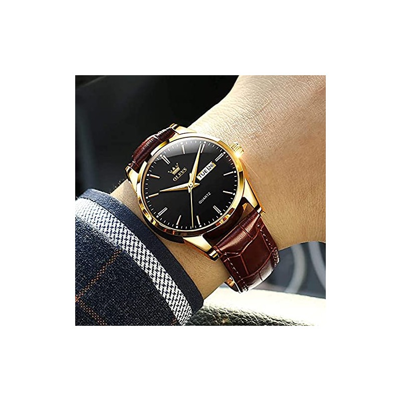 OLEVS Men Watch Brown Leather Strap Large Black Face Analog