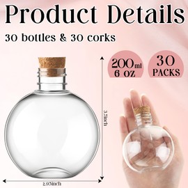 Jinei 30 Pcs 6 Oz Ball Shape Plastic Sand Art Bottles with Corks Spherical Clear Plastic Potion Bottles Round Decorative Bottles for DIY Birthday Wedding Party Gift Crafts Decoration
