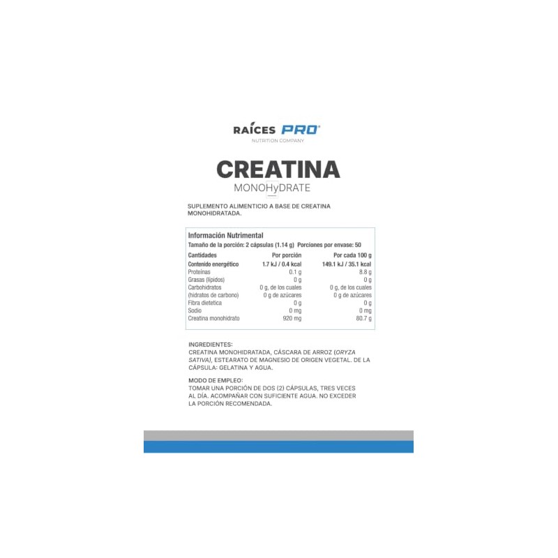 Creatina Monohidratada Raíces Pro 100 Capsulas Sin Sabor