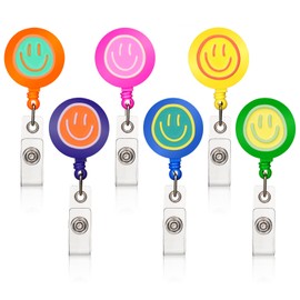 6Pcs Colorful Faces Badge Reel, Cute Work Badge Holder with Retractable Clip, Nurse Accessories Name Tag ID Clip Holder for Office School Hospital Teacher