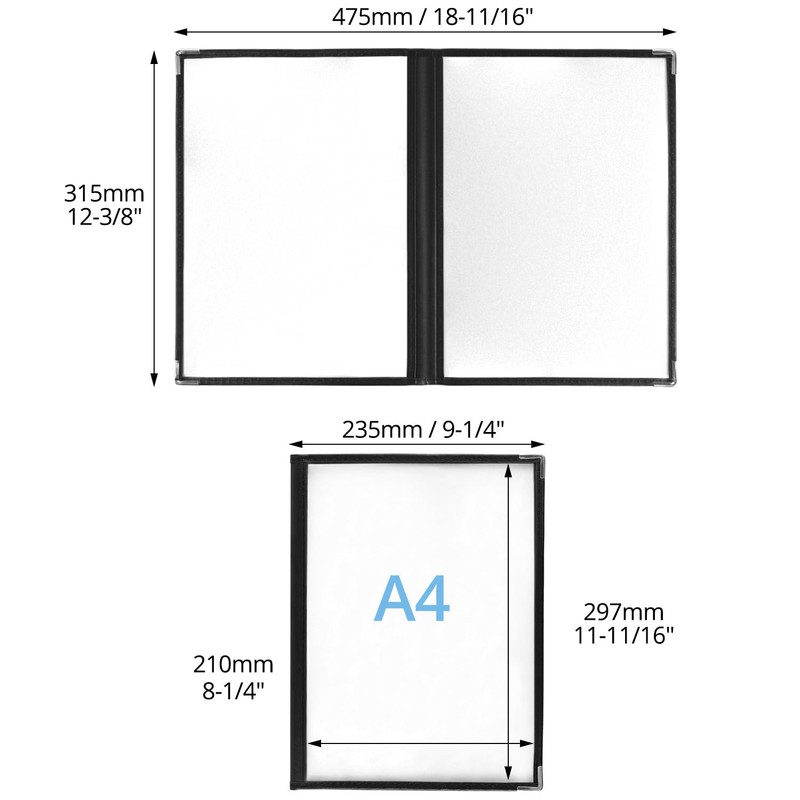 QWORK® 5 Pack Black A4 Menu Covers, 2 Fold Double