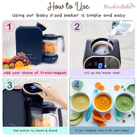 BrushinBella Baby Food Maker 5-in-1 Baby Food Processor with Soup Tray, Baby Puree Maker Machine, Grinder, Steamer, Touch Screen, Auto and Manual Blend, Bottle Warmer