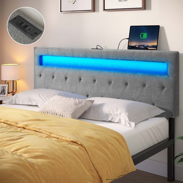 GREENSTELL Headboard for Queen Size Bed with 60,000 DIY Color of LED Light, USB & Type C Post, Attach Frame, Height Adjustable, Gray Wall Mounted Head Boards Only, Sturdy & Stable, Comfortable, Queen