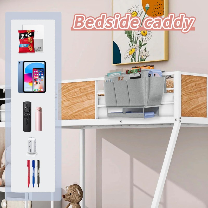 Frjjthchy Bedside Caddy, Bed Organizer with 11 Pockets and Power