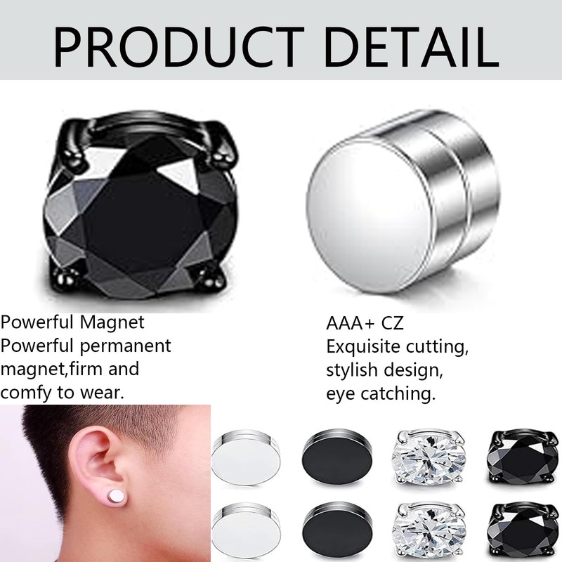 4 Pairs Magnetic Earrings, Stainless Steel Stud Earrings, Silver and