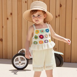 Baby Girl Summer Clothes Set Crochet Camisole Linen Shorts 2Pieces Toddler Little Girls Outfits with Pockets (Apricot, 3-4T)