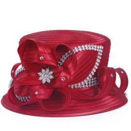 PGTEN Women's Satin Dress Church Hats with Rhinestones Burgundy