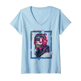 Womens Dystopian Gas Mask Harajuku Girl Cyberpunk V-Neck T-Shirt