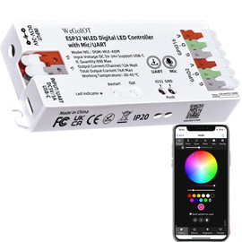 WeGoIOT ESP32 WLED LED Strip Controller Mic UART USB Type-C Download Music Sound Dynamic Mode DIY WiFi APP Control for WS2811 WS2812B SK6812 WS2805 IC FCOB Addressable Led Controller with 16A Fuse