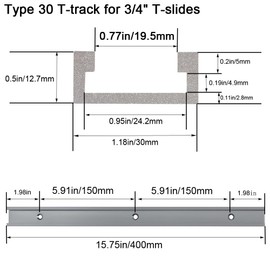 KETIPED 2pc Aluminum 400x30mm Double-Cut Profile Universal 3/4 T-Track with Predrilled Mounting Holes and Wood Screws,30 Type T Track for Woodworking Jigs and Fixtures,Drill Press Table,(15.75in)-G