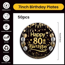 EVYIENEN 50Pcs 80th Birthday Party Paper Plates,7inch Disposable Black and Gold Dessert Party Plates Party Decorations for Men Woman 80th Happy Birthday Wedding Party Supplies