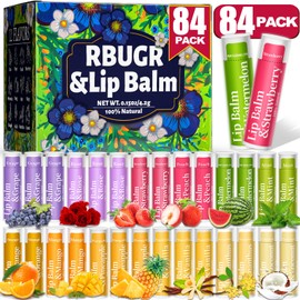 RBUGR 84 Pack of Lip Balm, 12 Flavored Lip Balms Natural Organic Vitamin E Lip Balms Pack for Dry Cracked Lips, Moisturising Lip Balm Bulk Gifts Stocking Stuffers Party Favors(4.2g/0.15oz)