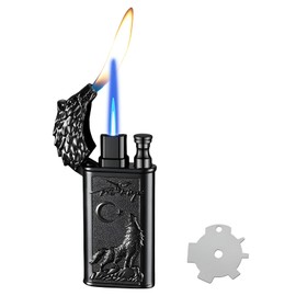 Torch Lighter, Relief Wolf Design Magic Dual Flame Lighter with Adjusting Flame Tool, Creative Windproof Lighter, Cool Jet Flame Butane Lighter, Refillable Butane Lighter for Outdoor Indoor