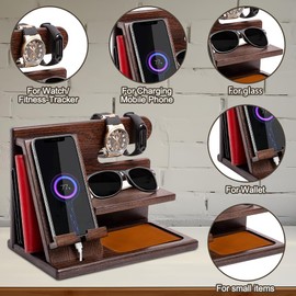 Kiswleon Wooden Bedside Organiser Gifts for Man,Phone Docking Station Birthday Gifts Presents for Men,Boyfriend Husband Birthday Gifts for Fathers Day Christmas -Brown
