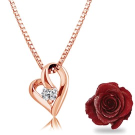 Sears Open Heart Necklace with Diamond Rose Antique Red Preserved Flower Box, Gold, Cubic Zirconia