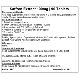 Peak Supps Saffron Extract 100mg Tablets | Antioxidant | Safranal (90)