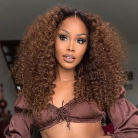 Colorful Queen Deep Wave Lace Front Wigs 14 Inch Glueless Curly Wigs for Black Women Water Wave Wet and Wavy Synthetic Lace Front Wigs Ombre Brown and Black Curly Wig