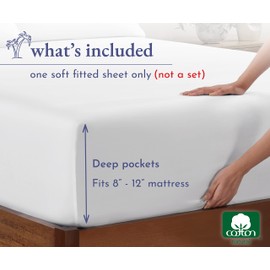 California Design Den Twin XL Fitted Sheet Only, Soft 100% Cotton Sateen, Deep Pocket, Durable All-Around Elastic, Head/Foot Side Indicators, White Twin XL Fitted Sheet Cotton