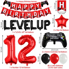 12 th Level Up Theme Video Game Birthday Decorations Supplies Boys Girls Party Decor Favors Including Red Black White Latex Balloons Gaming Birthday Banner Black and Red Foil Gamepad Balloons