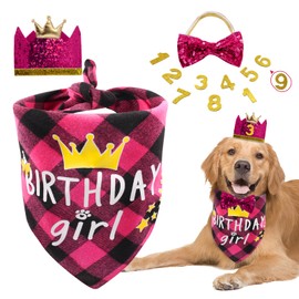 Dog Birthday Party Supplies, Girl Dog Birthday Bandana Set with Cute Dog Bow Tie, Crown Hat with Numbers for Small Medium Large Dogs, Blue Dog Birthday Outfit (Pink)