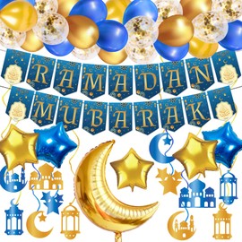 138Pcs Ramdan Decorations Set, 38Pcs Latex Balloons, 7Pcs Aluminum Foil BalloonS, Ramdan Banner, for Ramadan Mubarak Party Decorations