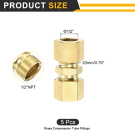 uxcell 3Pcs Brass Compression Tube Fitting, 1/2" Tube OD x 1/2" Tube OD Connector Straight Coupling Adapter Union Fittings
