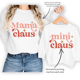POSH SOIREE Mommy and Me Mama Claus Mini Claus Matching Sweatshirt, Pullover, Cozy Sweater - Mother Daughter Christmas Outfit - Gift for Mom and Daughter (Youth Medium, Mini Claus, White)