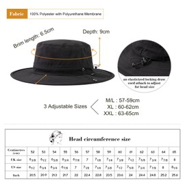Oversize XXL Bucket Black Sun Hat for Men Women Waterproof UV Protection Packable Lightweight Wide Brim Boonie Cap Golf Fishing Hiking Safari