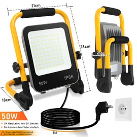 Ikodm GOL-8789-M1x LED Construction Spotlight, 50 W 5100 LM Work Light, IP66 Waterproof, Portable Work Light, 6000 K Cool White Construction Light, 3 m Cable and Foldable Stand for Construction Site