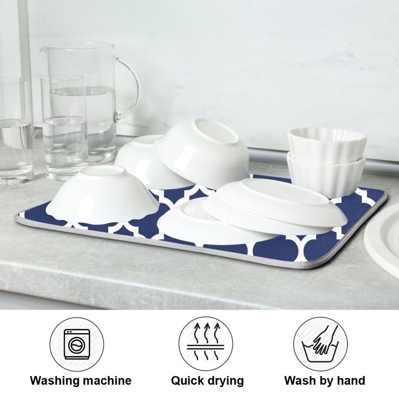 Navy Blue Trellis Lattice Dish Drying Mat for Kitchen Counter