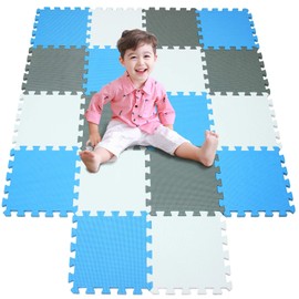 meiqicool Foam Play Mat Thick Soft EVA Interlocking Foam Floor Mats Children Yoga Exercise Multi Jigsaw Puzzle Blocking Board Kids Playmats Play White-Blue-Grey 18 Piece AGL