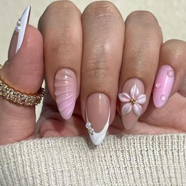 Almond False Nails - French Tip Natural Nude Style - Medium Length Glossy Full Cover Press On Nails - Removable DIY Nail Art (lily pink)