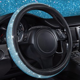 CAR PASS Mint Diamond Black Leather Steering Wheel Cover, Bling Blue Crystal Rhinestones Universal Fit 14"1/2-15" Crystal Glitter for Women Sparkle Girl Fit Suvs,Vans,Sedans,Cars,Trucks, Mint Diamond