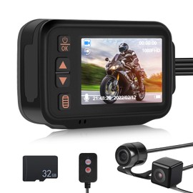 CAMECHO Motorcycle Camera Front and Rear IP65 Waterproof Motorbike Camera Dual Lens Motorbike Dash Cam with 32GB TF Card, 2" HD Display, Night Vision, G-Sensor, Loop Recording, DVR Dashcam