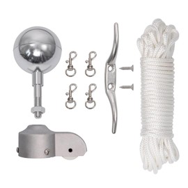 Homissor Flag Pole Kit Flagpole Hardware 50 Feet Rope 3" Silver Ball Topper + Flagpole Truck with Nylon Pulley 4 Metal Swivel Snap Clips 6" Zinc Alloy Cleat Replacement Accessories for 1.6"-2" Poles