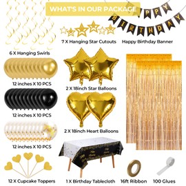 Black and Gold Party Decorations, Black and Gold Balloons Birthday Decorations, Happy Birthday Banner Golden Fringe Curtain Tablecloth Hanging Swirls Heart Star Foil Confetti Balloons
