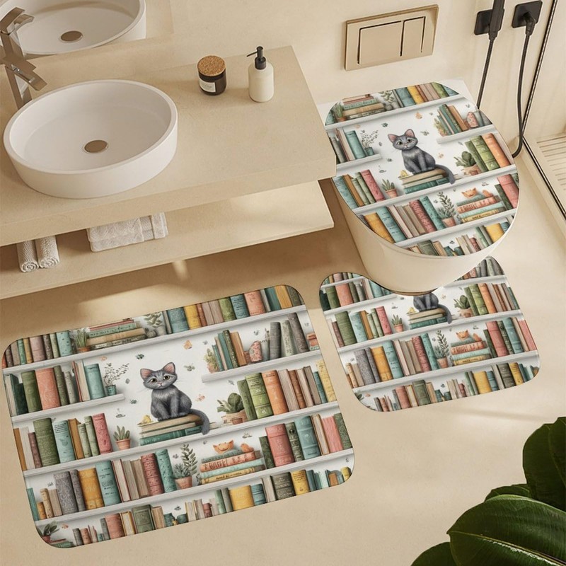 4PCS Cute Kitten Bookshelf Shower Curtain Set 72W X 72L,