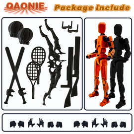 QAONIE (Assembly Completed) 3D Printed Figure 5.54-inch Dummy13 with Weapon Expansion Set and Bracket, Full Body Mechanical Movable Toy, Desk Decoration. (Orange+Black)