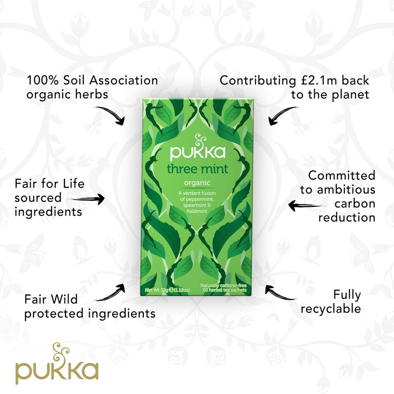 Pukka Organic Tea Bags, Three Mint Herbal Tea, 20 Tea